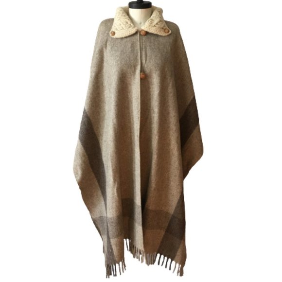 NEW Vintage Wool Blanket Cape Cable Knit Collar Handmade Fringed Long Americana - Picture 2 of 16